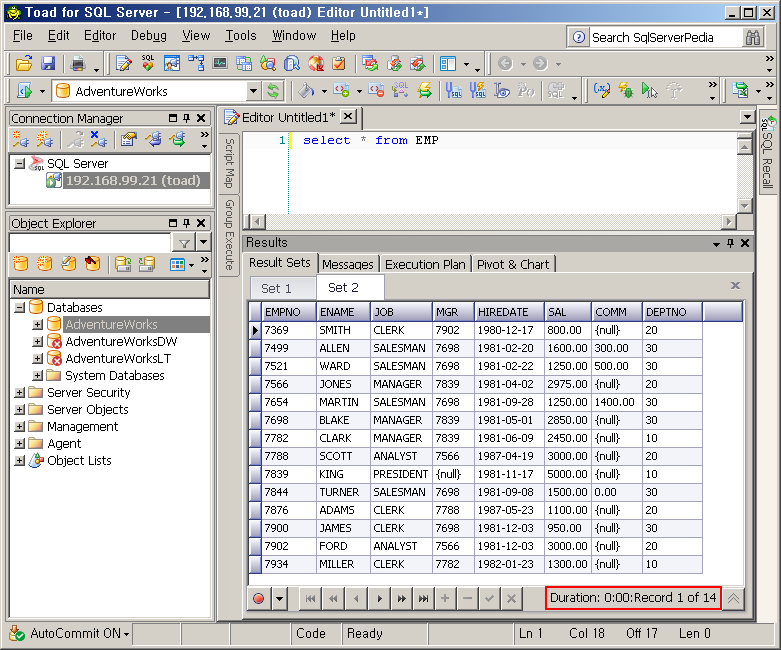 SQL Server에 Export된 데이터 확인. 총 14건
